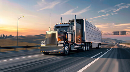 A red cargo semi-truck is seen driving down a highway, with other vehicles passing by in the background