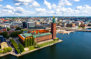 Stockholm, Sweden. Stockholm City Hall. Panorama of the city in summer in cloudy weather. Aerial...