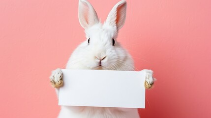 a beguiling white bunny holds in its paws a white piece of paper with a put for text on pink...