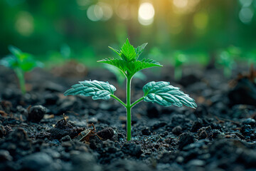 Growing plant. Young plant in the morning and light on ground background. concept for New life concept and Growing.