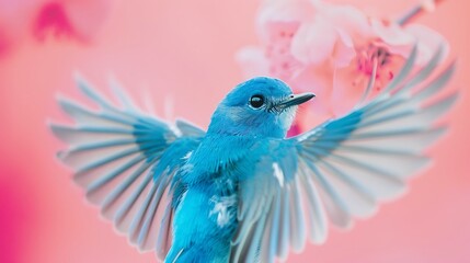 Fototapeta premium a blue bird with its wings fanned out before a pink background