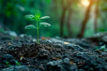 Growing plant. Young plant in the morning and light on ground background. concept for New life concept and Growing.
