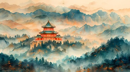 Obraz premium Turquoise mountains golden lines ancient landscape illustration abstract background decorative painting