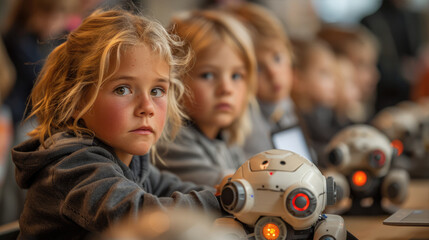 Young girl playing with futuristic robot toy friend in cozy home, having fun together