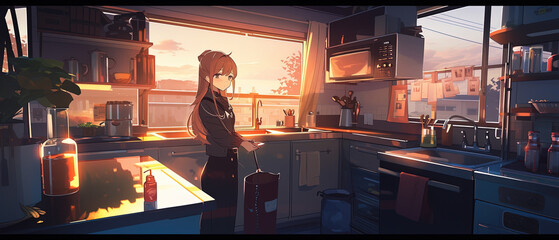anime - style scene of a woman standing in a kitchen with a window