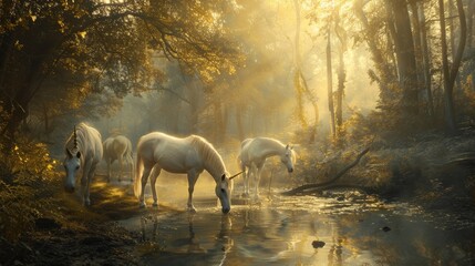 Obraz na płótnie Canvas In the soft golden light of dawn, a trio of unicorns drinks peacefully from a forest stream.