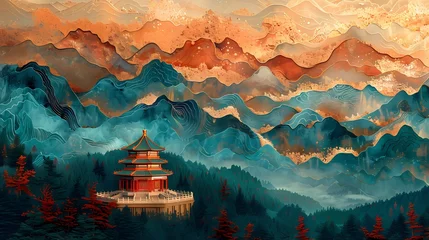Zelfklevend Fotobehang Turquoise mountains golden lines ancient landscape illustration abstract background decorative painting © jinzhen