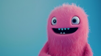 a charming adorable pink creature is grinning against a blue background