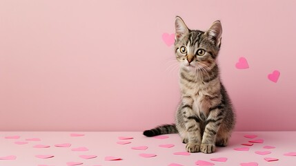 a charming minimal homegrown feline on a pink background with affection hearts - obrazy, fototapety, plakaty