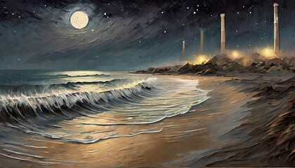 A moonlit beach with bioluminescent waves and sand under the moonlight