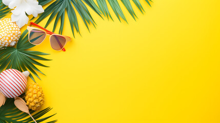 Sunglasses and plants on yellow background, summer, travel, picnic, resort style, theme copy space for text, Generative Ai 