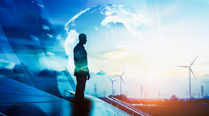An engineer, double exposure with the innovative city, solar panels advanced, wind turbines and trees around the city, harnessing renewable energy sources and clean energy