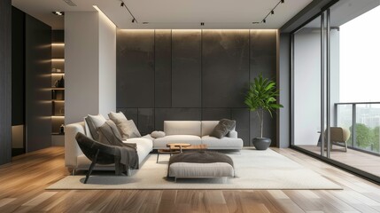 Fototapeta na wymiar Modern living room with armchair. Scandinavian style interior design 