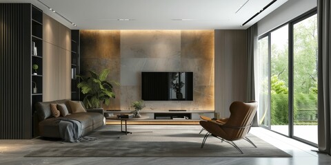 Modern living room with armchair. Scandinavian style interior design 