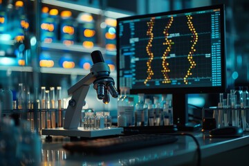 Modern laboratory interior with a microscope and digital DNA analysis on the screen