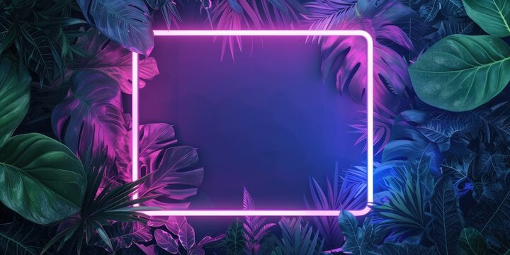 Neon frame template among tropical jungle foliage background