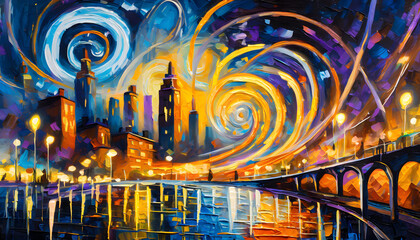 Explore abstraction by painting a cityscape at night with vibrant, swirling lights using oil....