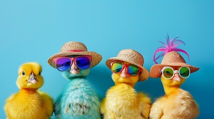 A gathering of Charming Interesting Chicks Wearing Shades and Straw Cap on blue background