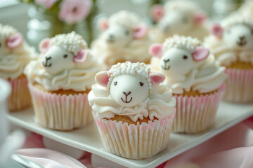 A tray of cupcakes decorated with adorable sheep-shaped frosting