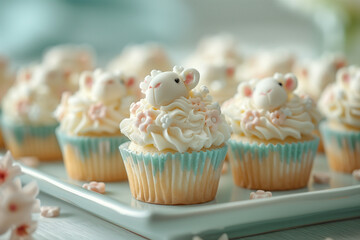 A delightful array of cupcakes decorated with adorable sheep made of frosting sits on a tray - obrazy, fototapety, plakaty