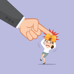 Businesswoman In Boxing Gloves Fighting Big Finger Giant Man. 
Small Business Fighting Big Business Concept.Flat, Vector, Illustration, Cartoon, EPS10.