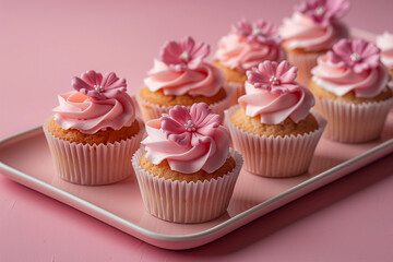 A tray of cupcakes decorated with pink frosting and flower-shaped sprinkles