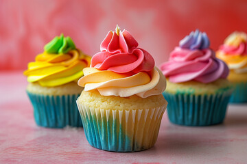 Cupcakes adorned with vibrant, rainbow-like frosting