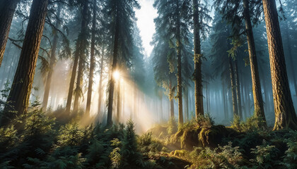 Magnifique paysage forestier, dans la brume, au petit matin, le soleil qui perce au travers des arbres