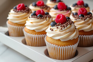 Beautiful cupcakes adorned with blueberries and raspberries atop creamy frosting, are nestled in a...
