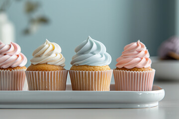 A row of four cupcakes with colorful frosting sits in a white ceramic dish - obrazy, fototapety, plakaty