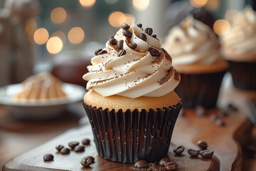 A tempting cupcake crowned with creamy frosting and a touch of coffee beans - obrazy, fototapety, plakaty