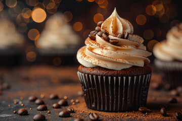 A delicious chocolate cupcake decorated with creamy frosting, a sprinkle of cocoa powder, and a few...
