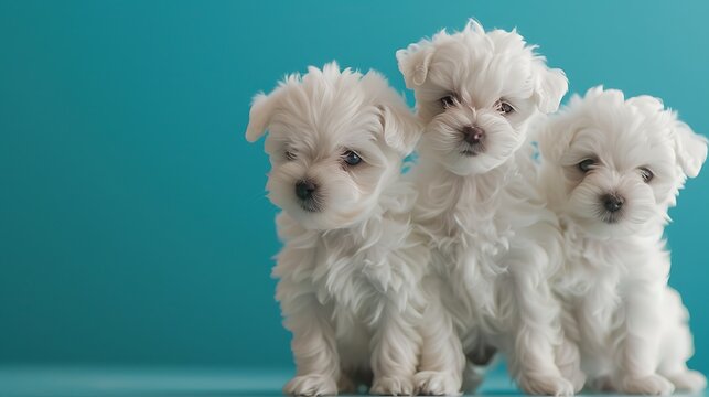 Adorable little white doggies of the Maltez breed on popular blue background