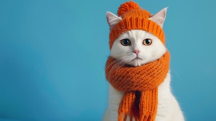an entertaining white feline sitting in an orange sewed cap and scarf on a blue background - obrazy, fototapety, plakaty