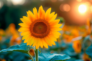 Yellow sunflower in the sunset light. Sunflower, close-up. Yellow big flower.
