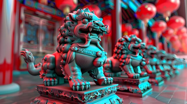 Cyber stone lion statue and lantern abstract background