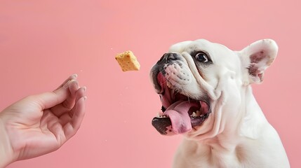 bulldog trying to catch a dog biscuit thrown to her by her owner close-up portrait photographed against a pale pink background - obrazy, fototapety, plakaty