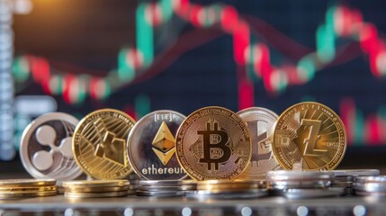 The photo displays various physical coins representing different cryptocurrencies, like Bitcoin and Ethereum, set against a blurry background featuring stock market-style graphs with fluctuating value