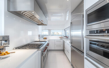 Modern kitchen with stainless steel appliances, white walls and ceiling, large island in the center of the room