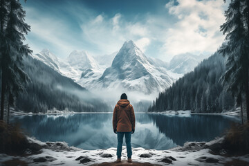 A person in jacket standing on the edge of a lake surrounded by a snow-covered forest, The reflection of pine trees and the sky can be seen on the calm water surface, A winter landscape with sn - Powered by Adobe