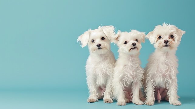 Charming little white doggies of the Maltez breed on in vogue blue background