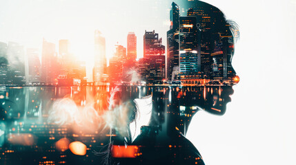 double exposure of Fantastic futuristic city, human silhouette