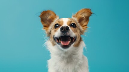 Cheerful little dog turning upward on a blue background - obrazy, fototapety, plakaty