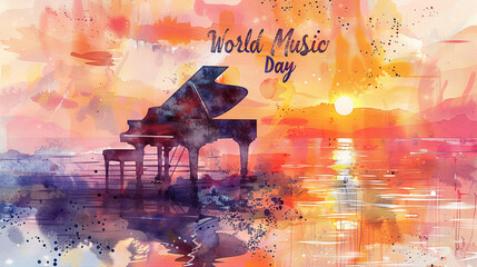 A hand-painted watercolor scene of a grand piano at sunset on a beach, with "World Music Day" written in flowing watercolor letters above the piano. 