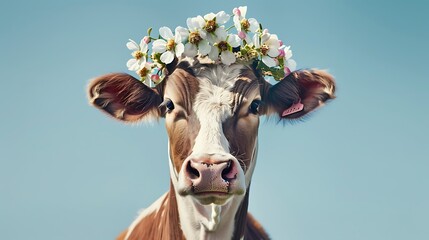 Cow wearing wreath of blossoms on its head on strong blue background - obrazy, fototapety, plakaty