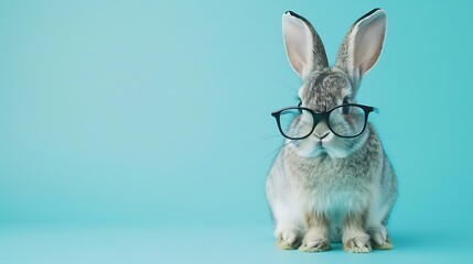 cute bunny rabbit sitting on a seat with glasses on a blue background
