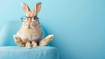 cute bunny rabbit sitting on a seat with glasses on a blue background