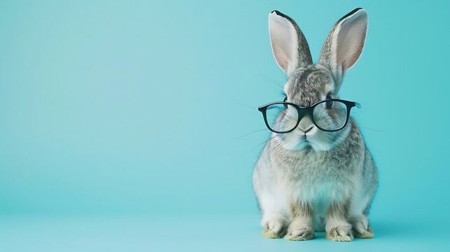 cute bunny rabbit sitting on a seat with glasses on a blue background