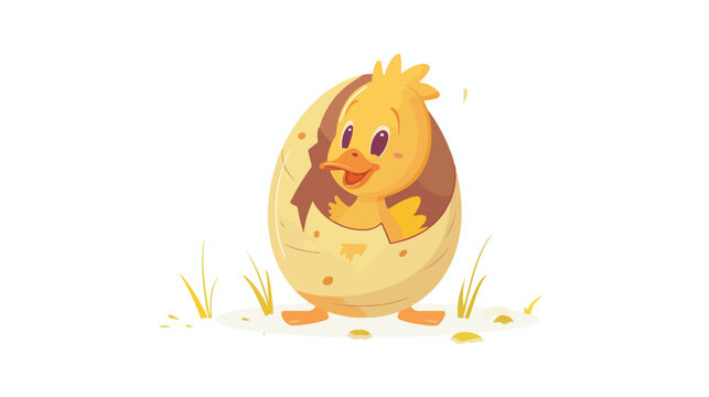 Cartoon duckling come out from an Easter egg Flat vector