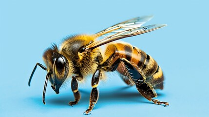 exemplary yellow honey bee sittin on a surface disconnected on blue background